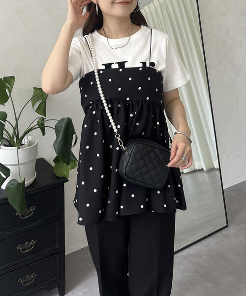 prose verse(プロズヴェール)の「リネンライクナローストラップドットペプラムビスチェ(キャミソール・レディース・ベージュ/ブラック・LARGE/MEDIUM)」の4枚目の写真