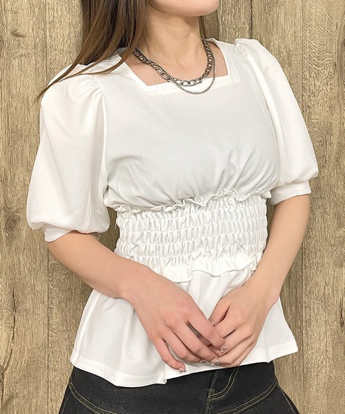 GORGE(ゴージ)の「《美シルエット×スクエアネック》レディース ウエストシャーリングブラウス ボリューム袖 春夏秋(シャツ/ブラウス・レディース・ホワイト/ブラック・F)」の1枚目の写真