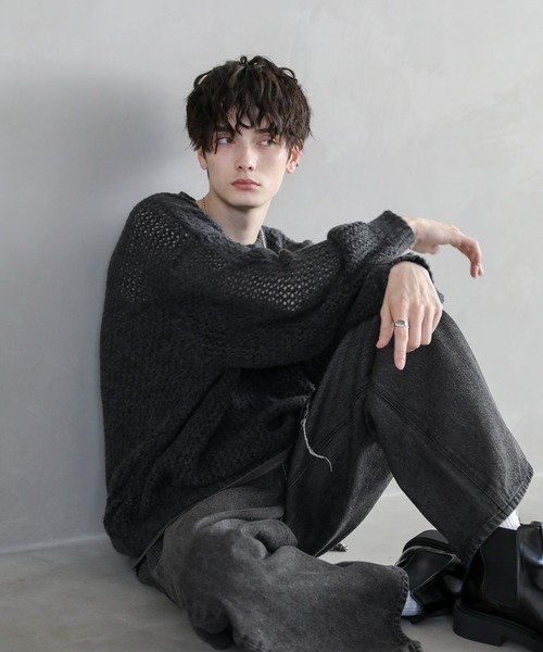 セール】透かし編みメランジモヘアタッチクルーニット（ニット