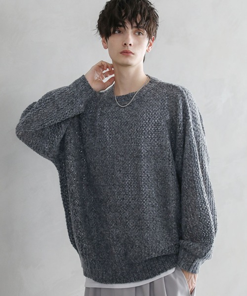 セール】透かし編みメランジモヘアタッチクルーニット（ニット