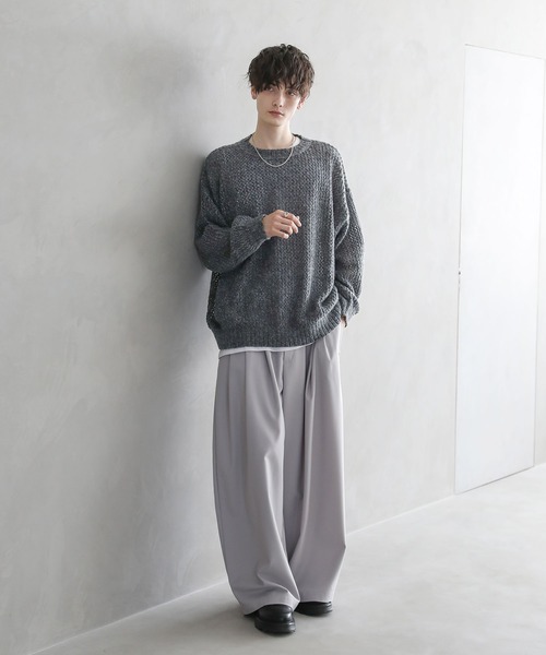 セール】透かし編みメランジモヘアタッチクルーニット（ニット