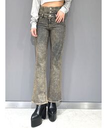 GYDA | ハイウエストBACKクロスUSEDケミカルウォッシュフレアデニムパンツ(デニムパンツ)