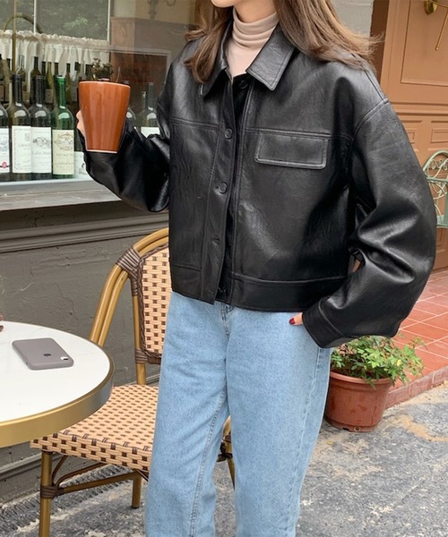 aimoha(アイモハ)の「ステンカラーPUレザージャケット(ブルゾン・レディース・キャメル/ブラック・FREE)」の16枚目の写真