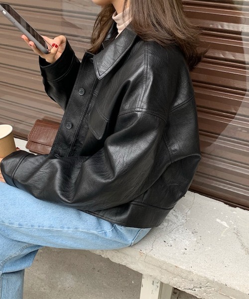 aimoha(アイモハ)の「ステンカラーPUレザージャケット(ブルゾン・レディース・キャメル/ブラック・FREE)」の6枚目の写真