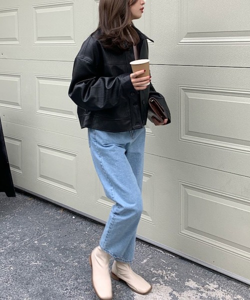 aimoha(アイモハ)の「ステンカラーPUレザージャケット(ブルゾン・レディース・キャメル/ブラック・FREE)」の9枚目の写真