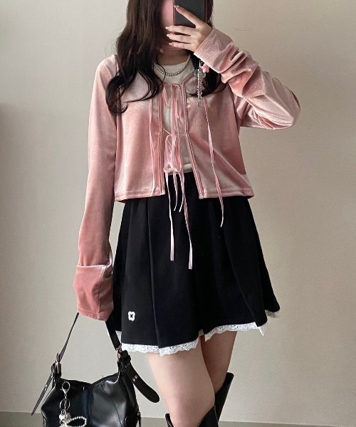 セール】【Seoup】リボンチョーカーベロアボレロカーディガン