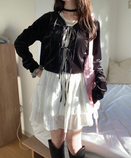 nemne store(ネンネストア)の「【Seoup】リボンチョーカーベロアボレロカーディガン(カーディガン/ボレロ・レディース・ピンク系/ブラック系・フリー)」の7枚目の写真