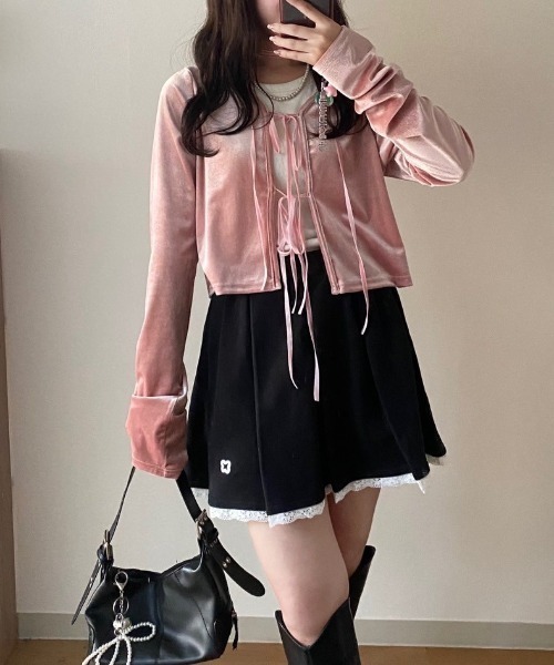 nemne store(ネンネストア)の「【Seoup】リボンチョーカーベロアボレロカーディガン(カーディガン/ボレロ・レディース・ピンク系/ブラック系・フリー)」の6枚目の写真