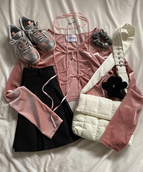 セール】【Seoup】リボンチョーカーベロアボレロカーディガン