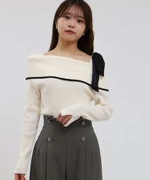 ASTORIA ODIER | アシメオフショル布帛リボン　ニットプルオーバー(ニット/セーター)