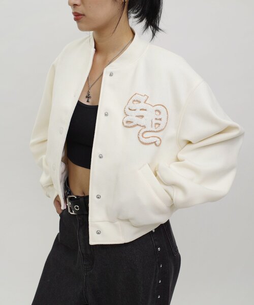 WHO'S WHO gallery（フーズフーギャラリー）の「【SLOPPY/スロッピー】ボンバージャケット（スタジャン・レディース・ブラウン/ネイビー/オフホワイト/ブラック・FREE）」の5枚目の写真