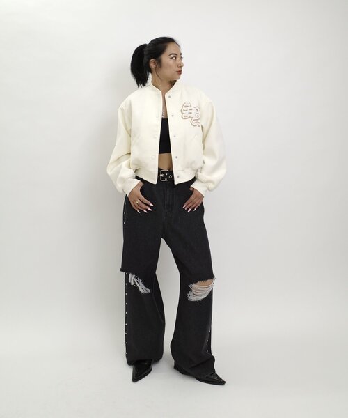 WHO'S WHO gallery（フーズフーギャラリー）の「【SLOPPY/スロッピー】ボンバージャケット（スタジャン・レディース・ブラウン/ネイビー/オフホワイト/ブラック・FREE）」の6枚目の写真