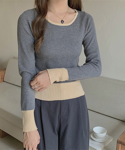 Doula Doula(ドゥーラドゥーラ)の「配色リブ切り替えニット(ニット/セーター・レディース・グレー/ブラック/ネイビー/ブラウン・FREE)」の8枚目の写真