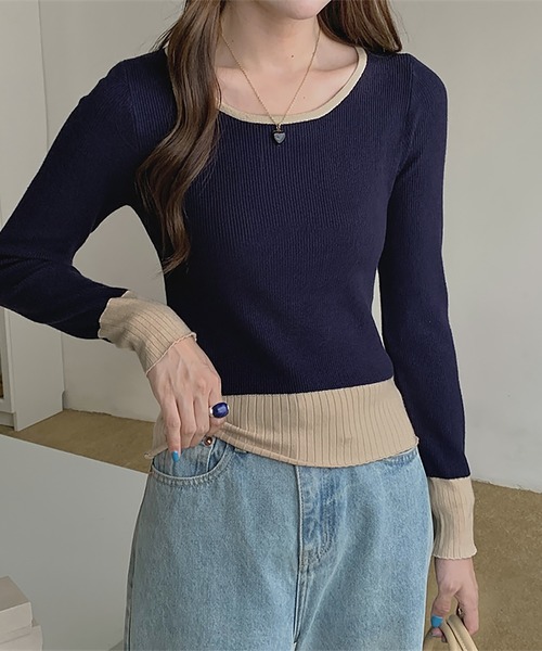 Doula Doula(ドゥーラドゥーラ)の「配色リブ切り替えニット(ニット/セーター・レディース・グレー/ブラック/ネイビー/ブラウン・FREE)」の13枚目の写真