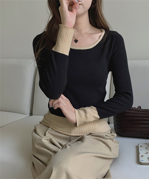 Doula Doula(ドゥーラドゥーラ)の「配色リブ切り替えニット(ニット/セーター・レディース・グレー/ブラック/ネイビー/ブラウン・FREE)」の6枚目の写真