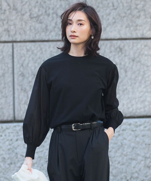 Drawer パフスリーブニット 黒 セール】【洗える】コンフォートストレッチ パフスリーブ ニット