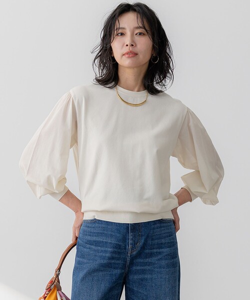 セール】【洗える】コンフォートストレッチ パフスリーブ ニット