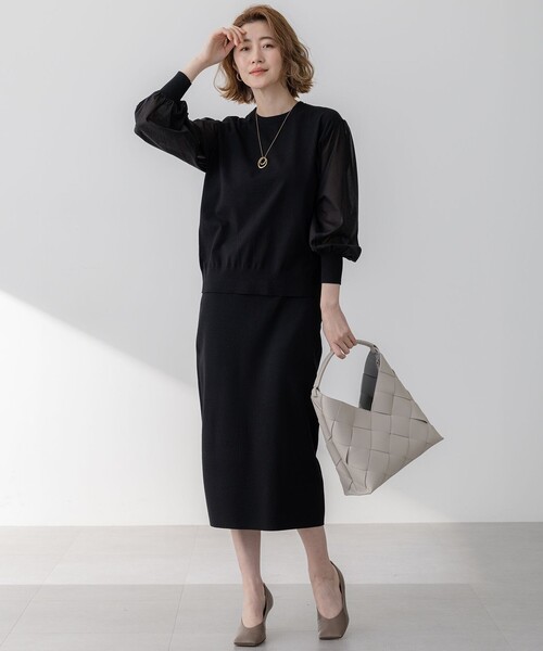 セール】【洗える】コンフォートストレッチ パフスリーブ ニット