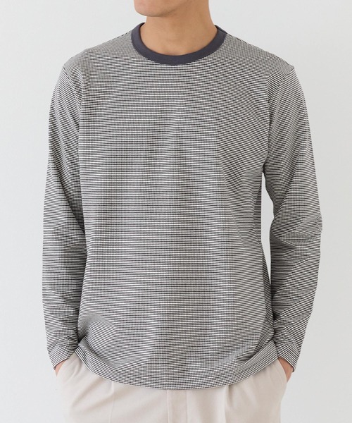 coca（coca）（コカ）の「ジャカードボーダーロングTシャツ（Tシャツ/カットソー・メンズ・グレイッシュベージュ/チャコール・XL/L/M）」の2枚目の写真