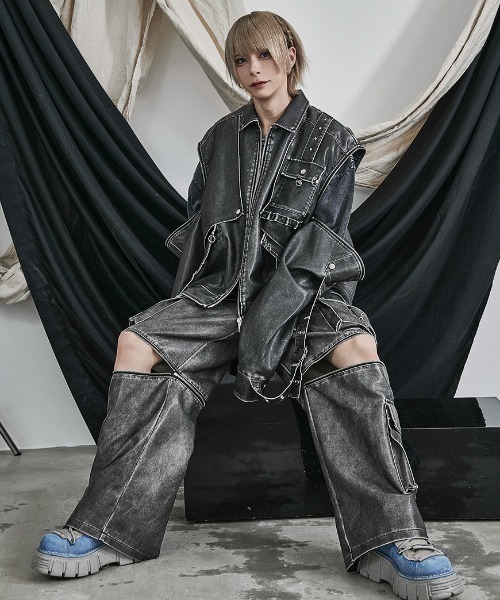 ililil（イルイルイル）の「『ililil/イルイルイル』【2way gimmick synthetic leather blouson】2wayヴィンテージ加工合成皮革ブルゾン（ブルゾン・メンズ・グレー/ブラック・FREE）」の14枚目の写真