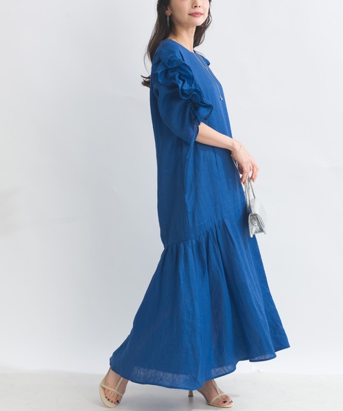 PICCIN PERLA（ピッチンペルラ）の「袖シャーリングフリルリネンワンピース（ワンピース・レディース・オレンジ/ブルー/ブラック・M）」の10枚目の写真