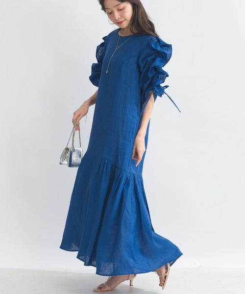 PICCIN PERLA（ピッチンペルラ）の「袖シャーリングフリルリネンワンピース（ワンピース・レディース・オレンジ/ブルー/ブラック・M）」の12枚目の写真