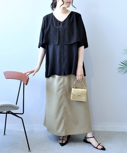 leswel（レスウェル）の「【L～5L 大きいサイズ】レーシーフライヨークVネックブラウス 半袖 春夏（シャツ/ブラウス・レディース・ブラック/ブラウン/クリーム・LL/3L/4L/5L/L）」の5枚目の写真
