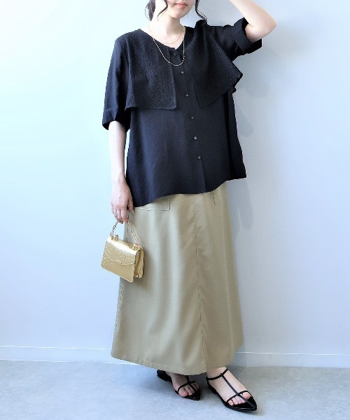leswel（レスウェル）の「【L～5L 大きいサイズ】レーシーフライヨークVネックブラウス 半袖 春夏（シャツ/ブラウス・レディース・ブラック/ブラウン/クリーム・LL/3L/4L/5L/L）」の6枚目の写真