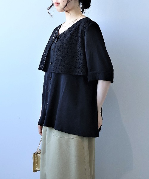 leswel（レスウェル）の「【L～5L 大きいサイズ】レーシーフライヨークVネックブラウス 半袖 春夏（シャツ/ブラウス・レディース・ブラック/ブラウン/クリーム・LL/3L/4L/5L/L）」の8枚目の写真