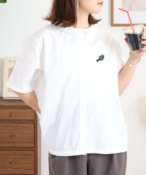 Emago(イマゴ)の「EMAGO 2WAY木とトリ刺繍シャツ(シャツ/ブラウス・レディース・ネイビー/チャコールグレー/ホワイト・FREE)」の11枚目の写真