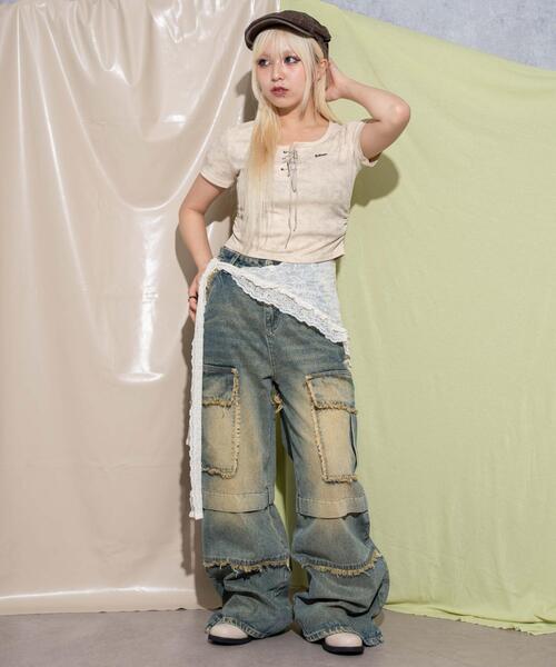 dispark（ディスパーク）の「DISPARK/ブローチ付きレースアップT（Tシャツ/カットソー・レディース・ベージュ/ホワイト・FREE）」の16枚目の写真