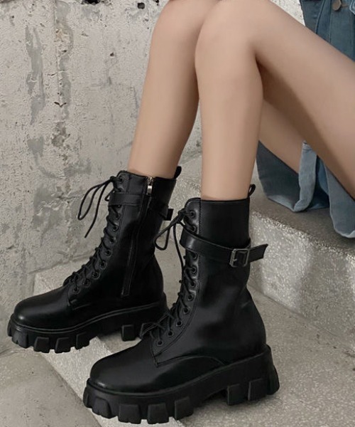 ZARA新品レッグウォーマー風厚底ブーツ黒ブラックレザーエンジニアブーツ23.5 セール】【秋冬新作】厚底ソールレースアップエンジニアブーツ