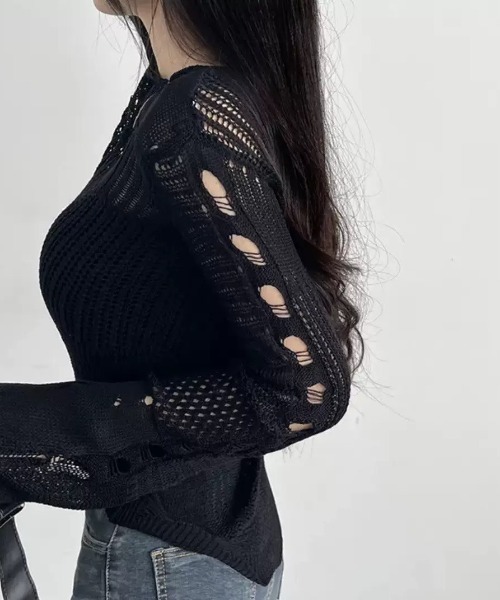 UP START（アップスタート）の「【LAMPOON】ダメージニット（ニット/セーター・レディース・ブラック・MEDIUM/LARGE/SMALL）」の2枚目の写真