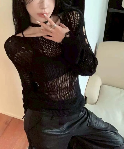 UP START（アップスタート）の「【LAMPOON】ダメージニット（ニット/セーター・レディース・ブラック・MEDIUM/LARGE/SMALL）」の4枚目の写真