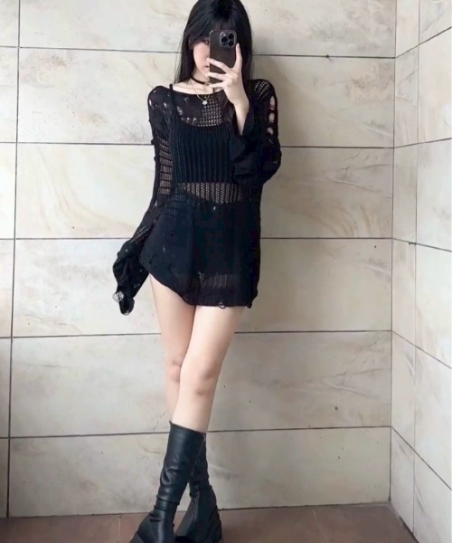 UP START（アップスタート）の「【LAMPOON】ダメージニット（ニット/セーター・レディース・ブラック・MEDIUM/LARGE/SMALL）」の5枚目の写真