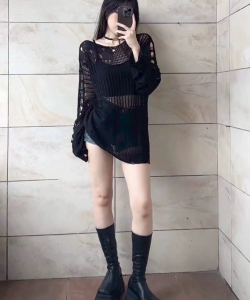 UP START（アップスタート）の「【LAMPOON】ダメージニット（ニット/セーター・レディース・ブラック・MEDIUM/LARGE/SMALL）」の6枚目の写真