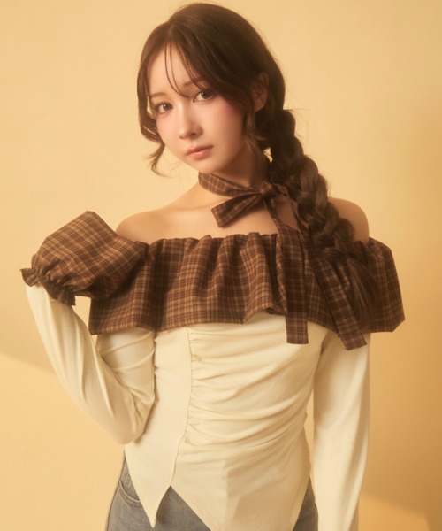 フリル付きオフショルダー トップス グレー フリル付きオフショルダー トップス グレー