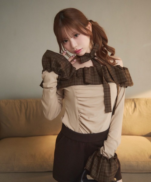 セール】チェックフリルオフショルダートップス（Tシャツ/カットソー