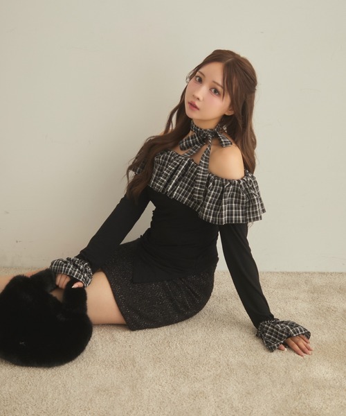 セール】チェックフリルオフショルダートップス（Tシャツ