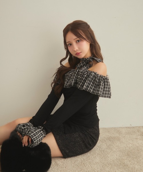 セール】チェックフリルオフショルダートップス（Tシャツ/カットソー