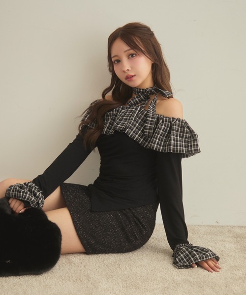 セール】チェックフリルオフショルダートップス（Tシャツ
