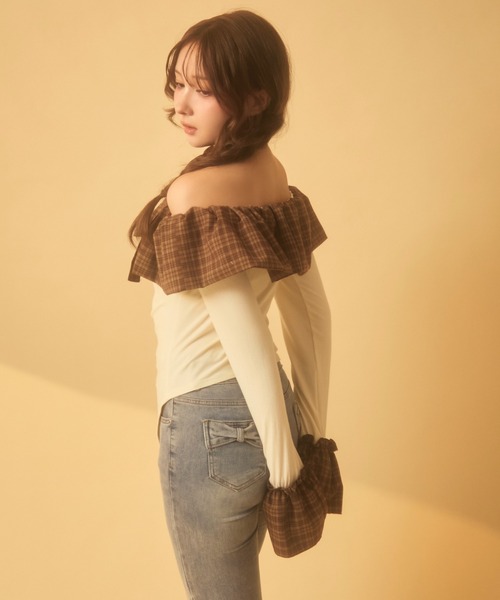 セール】チェックフリルオフショルダートップス（Tシャツ