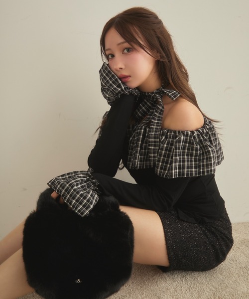 セール】チェックフリルオフショルダートップス（Tシャツ