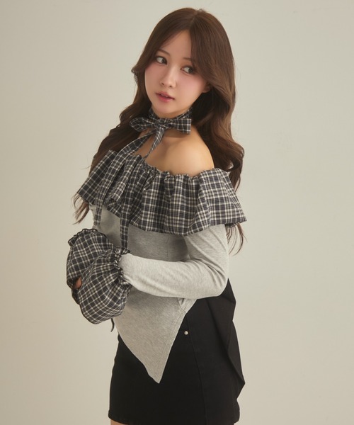 セール】チェックフリルオフショルダートップス（Tシャツ/カットソー