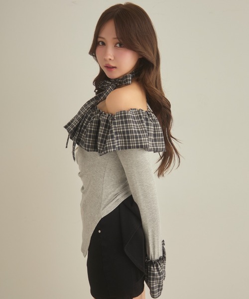 セール】チェックフリルオフショルダートップス（Tシャツ/カットソー