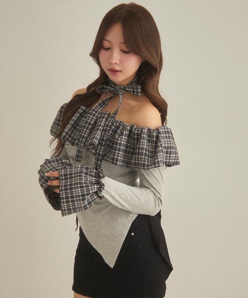 フリル付きオフショルダー トップス グレー オフショルダースウェットトップス[pm506] | レディースファッション