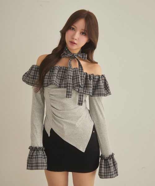 セール】チェックフリルオフショルダートップス（Tシャツ