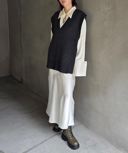 Ameri（アメリ）の「KNIT VEST SET SATIN DRESS（ドレス）」 - WEAR
