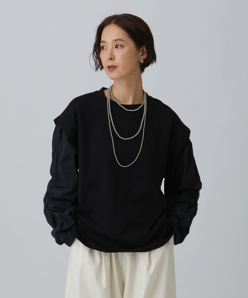LEPSIM(レプシィム)の「袖キャザー異素材プルオーバー 582457(Tシャツ/カットソー・レディース・ブラック/ライトグレー/アイボリー・FREE)」の4枚目の写真