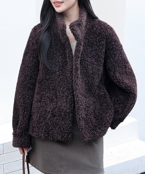 スタンドカラー コンパクト ボア ファー ジャケット（ブルゾン）｜Lace
